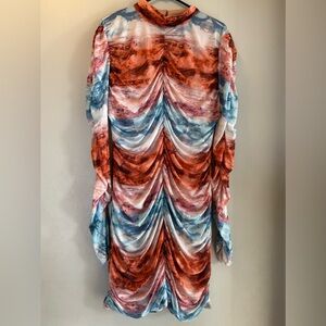 Long Sleeve Ruched Artsy Bodycon Blue and Orange Festive Tie Dye Mesh Dress